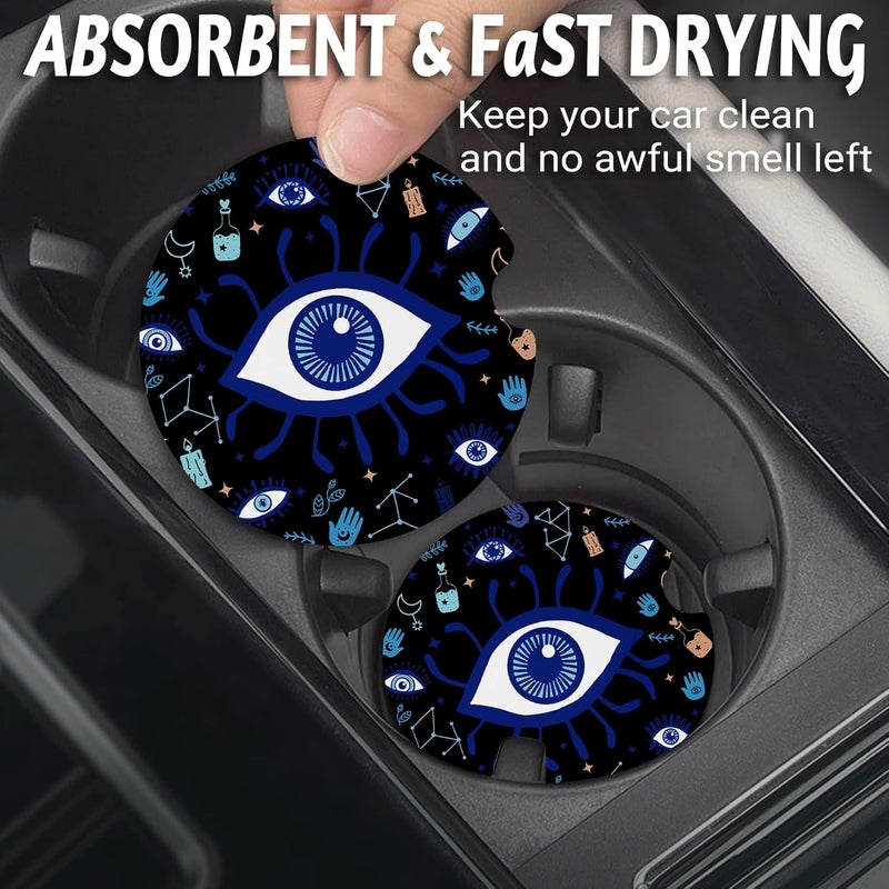 Yonlevres Car Coasters for Cup Holders，2.75" Anti Slip Rubber Mat with A Finger Notch, 2 Pack Car Cup Holder Coasters for Car Interior Accessories for Women Men Evil Eye - Image 2